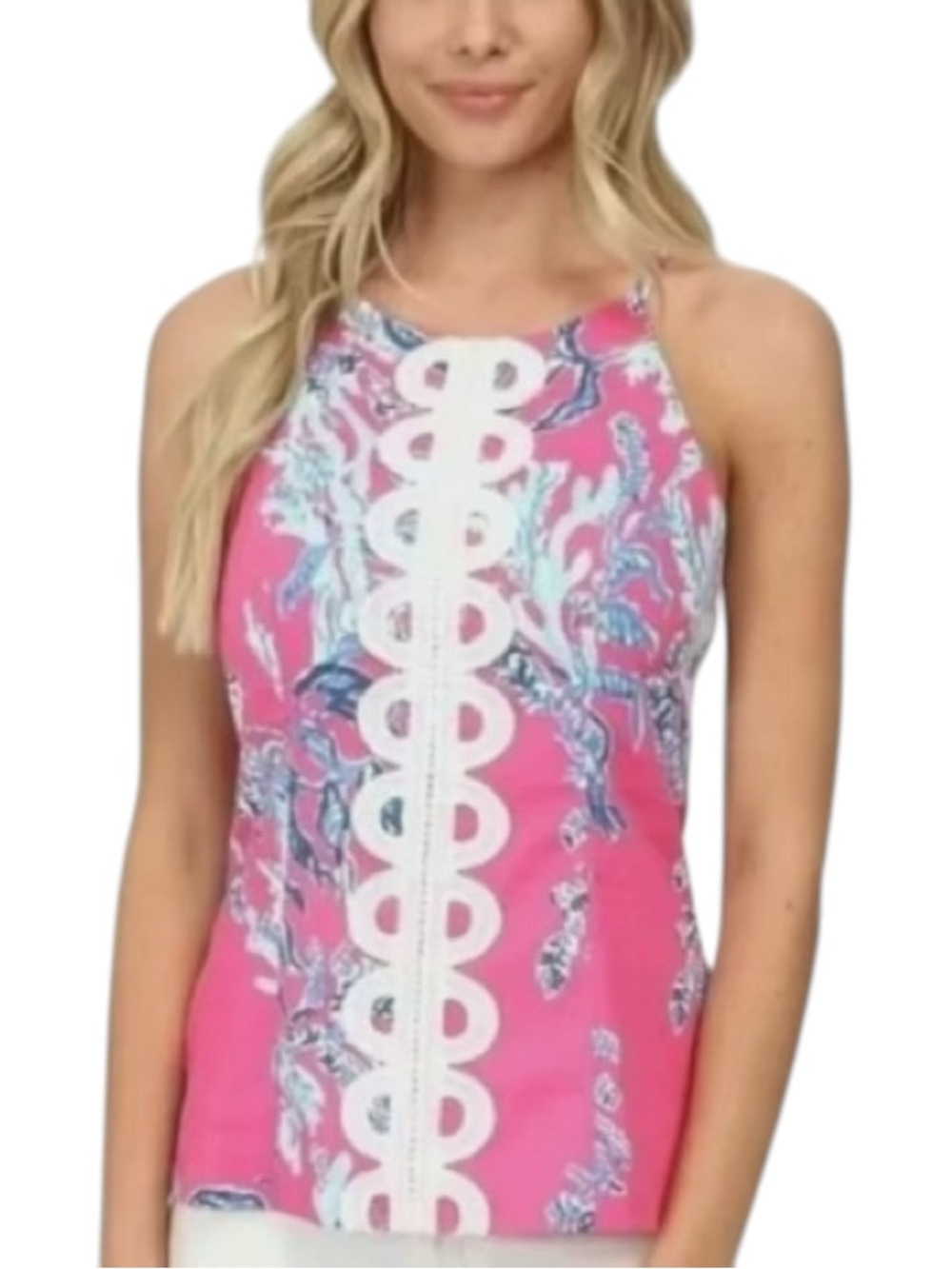 Lilly Pulitzer Annabelle pink and blue coral print tank with lace embroidery
